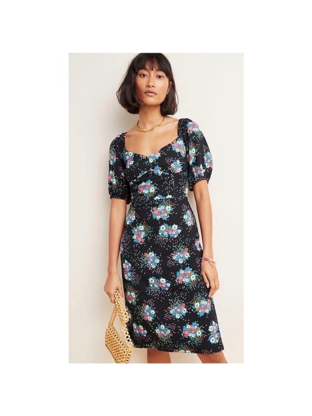 Anthropologie Black Floral Puff-Sleeve Midi Dress